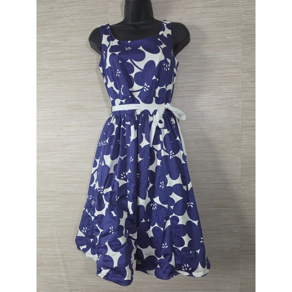 Boden Midi Fit & Flare Dress Womens 6R Blue White Purple Floral Lined Tie Waist